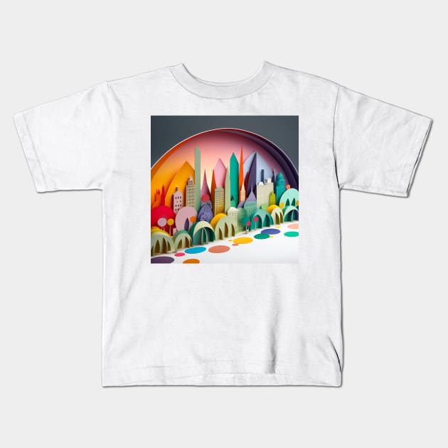3D Effect Papercut Art - Cityscape Scene Kids T-Shirt by TheArtfulAI